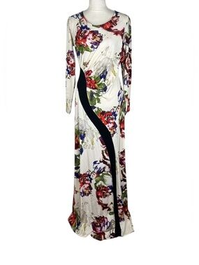 Roberto Cavalli Floral Stretch Jersey Maxi Gown Dress Long Sleeve Size XL